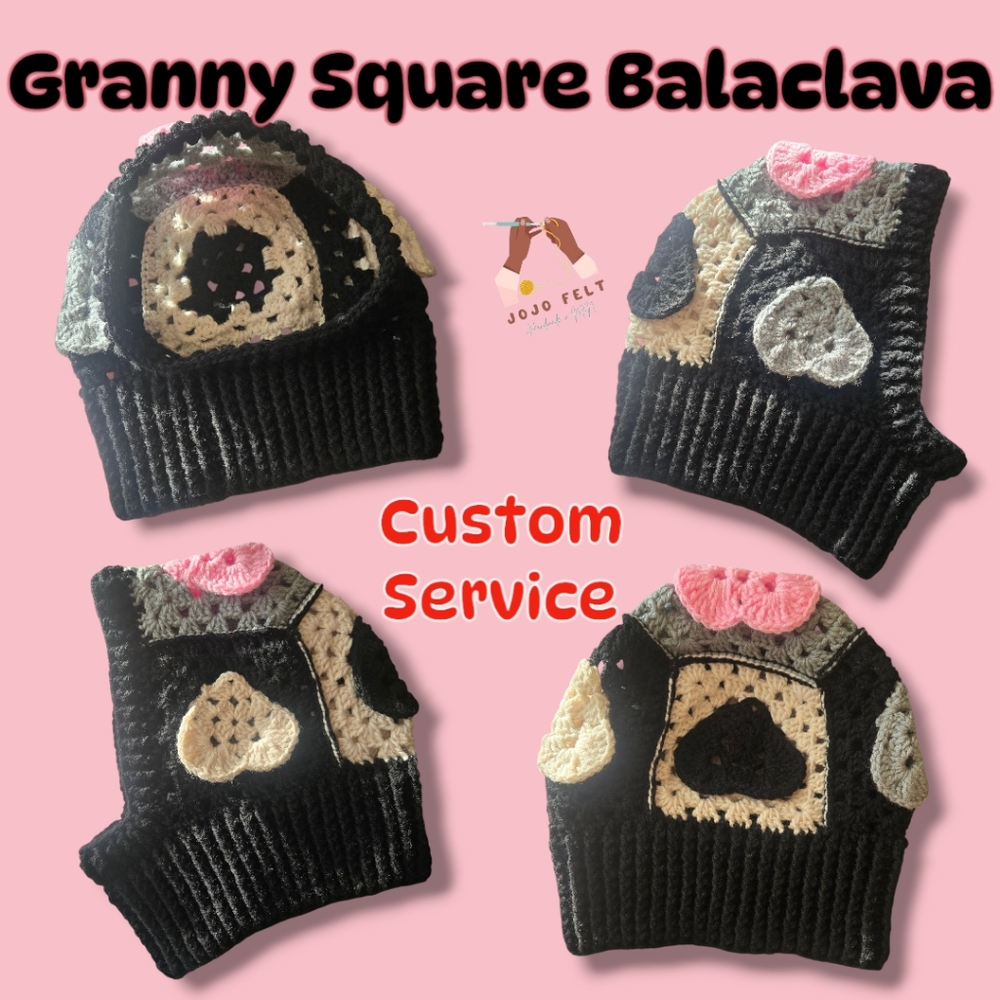 Crochet Granny Square Balaclava, Pink/Black/Wht, Adult, Unisex, HandmadeByMe